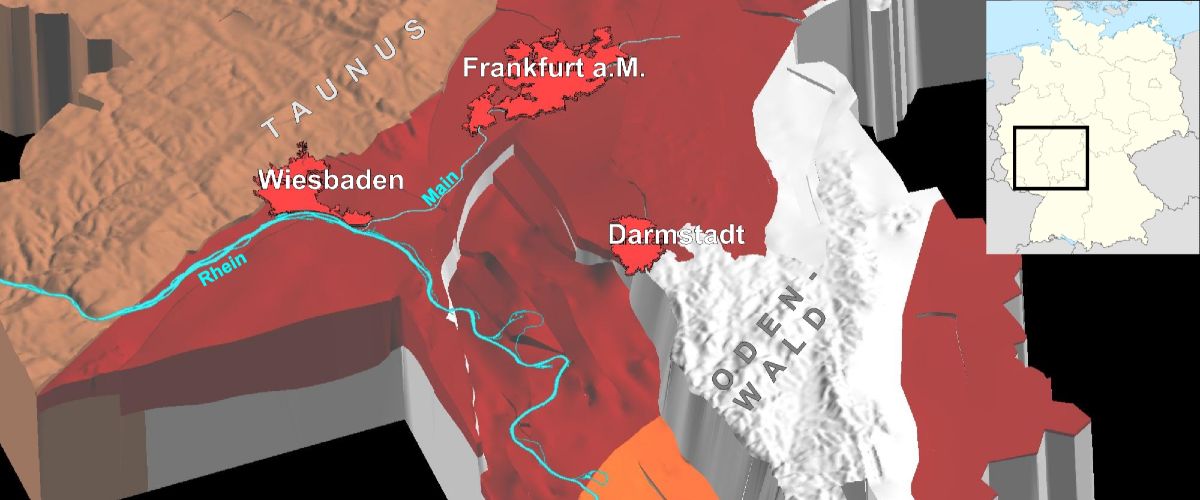 3D-Modell von Hessen: Blick in den nördlichen Oberrheingraben (Tertiär und Quartär abgedeckt).