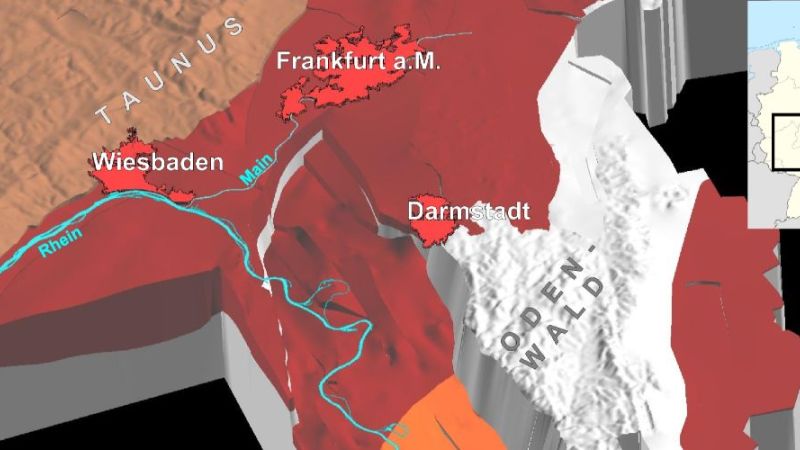 3D-Modell von Hessen: Blick in den nördlichen Oberrheingraben (Tertiär und Quartär abgedeckt)