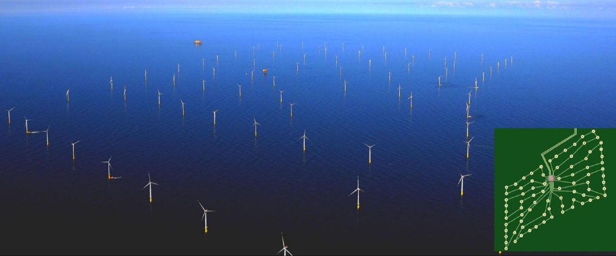 The photo shows an aerial view of the Meerwind wind farm with a computer rendering symbolising the monitoring of the power electronics.