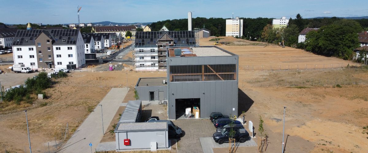 Luftbild des FlexQuartiers mit Blick auf die Energiezentrale (Oktober 2023)