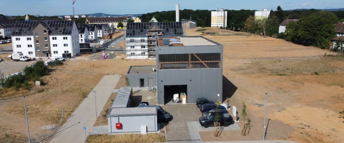 Luftbild des FlexQuartiers mit Blick auf die Energiezentrale (Oktober 2023)