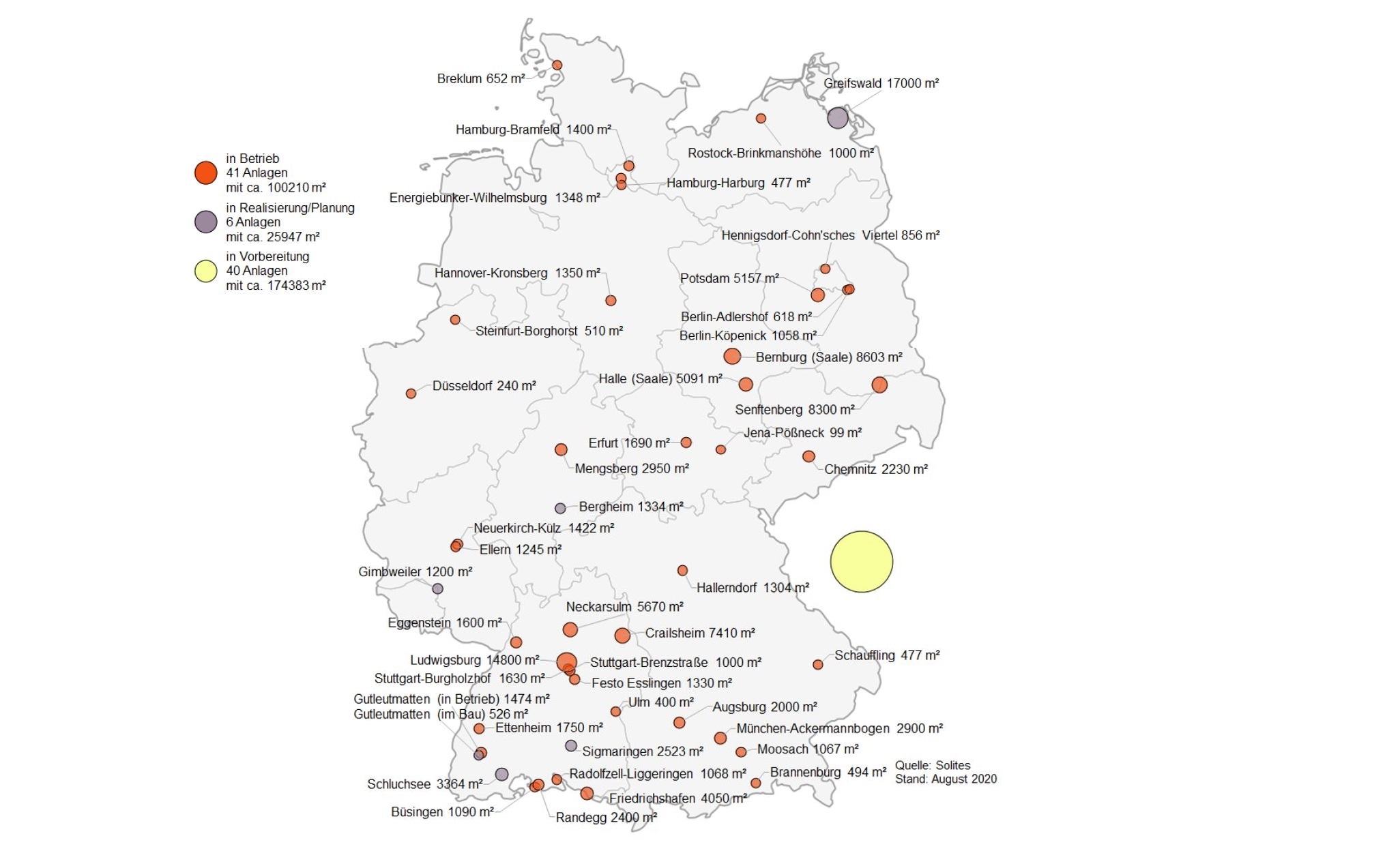 Realisierte und geplante Solarthermieanlagen in Wärmenetzen. 