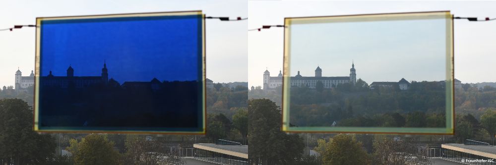 Lichtdurchlässigkeit je nach Bedarf: Ein elektrochromes Element im dunklen (links) und hellen (rechts) Zustand.