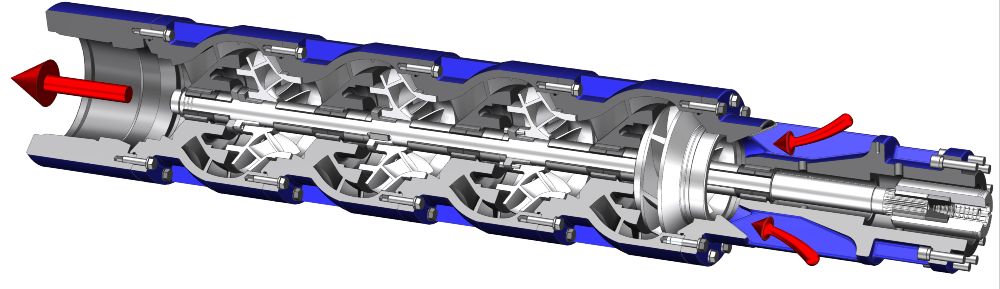 Sectional drawing of a geothermal pump with deposit-resistant bearings.