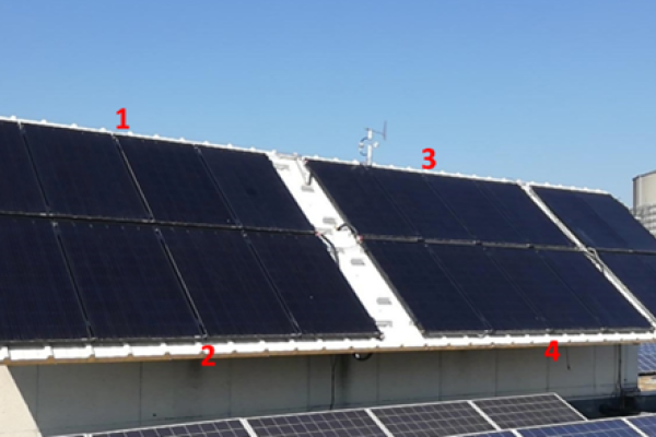 Fig.6: Demo system in Wierthe: Sub-fields 1 and 2 consist of PVT collectors with aluminium fins on the back. Sub-fields 3 and 4 consist of PVT collectors with aluminium fins on the back and holes on the front sides for improved air inflow behaviour. Sub-field 5 represents the ref-erence from PVT collectors without aluminium fins.