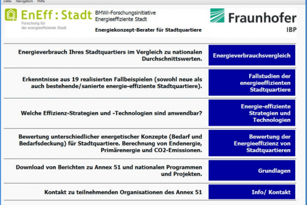 EnEff:Stadt Energiekonzept-Berater für Stadtquartiere: Zu sehen ist die Navigation durch die Programmteile.