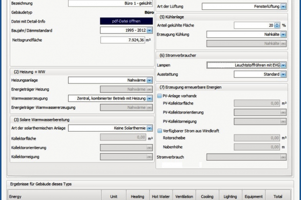 EnEff:Stadt Energiekonzept-Berater für Stadtquartiere: Zu sehen ist ein Screenshot der Eingabefelder zur Anpassung eines Gebäudetyps in 7 Schritten.