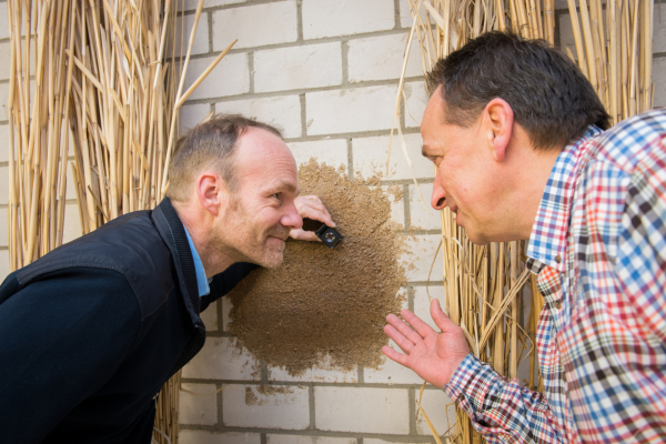 Professor Ralf Pude (links) und Michael Petry vom Institut für Naturpflanzenwissenschaften und Ressourcenschutz (INRES) an der Universität Bonn haben einen Hochleistungs-Dämmputz aus nachwachsenden Rohstoffen entwickelt. | © Uni Bonn