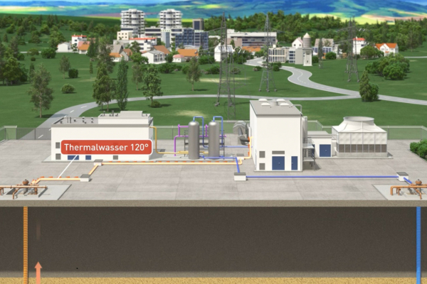 Animation des Geothermiekraftwerks Bruchsal mit Reaktoren für die Lithiumextraktion.