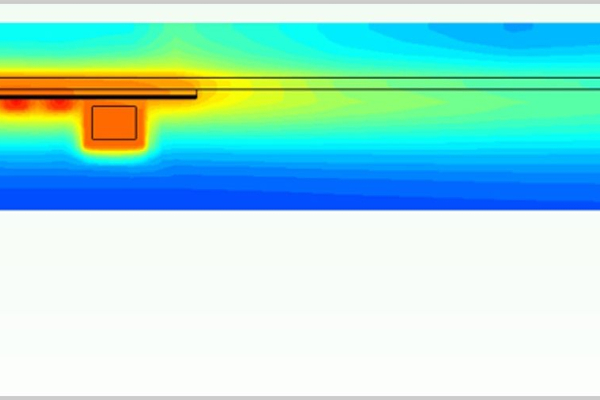 Die Grafik zeigt eine thermische Simulation einer Leistungselektronik auf der Rückseite eines Photovoltaikmoduls.