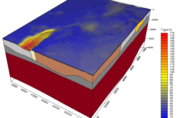 3D-Modell von Hessen mit konduktiv modellierter Temperatur an der Oberkante des Grundgebirges.