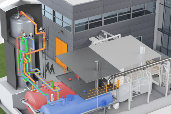 Illustration der TESIS-Testanlage mit vertikalem Eintank-Schichtspeicher mit Füllmaterialien und vier Vorlagenbehältern mit einer Gesamtsalzmasse von 115 Tonnen. Die liegenden Tanks dienen dazu, das Salz im Forschungsbetrieb zu pendeln und sind für die Zielanwendung nicht erforderlich.