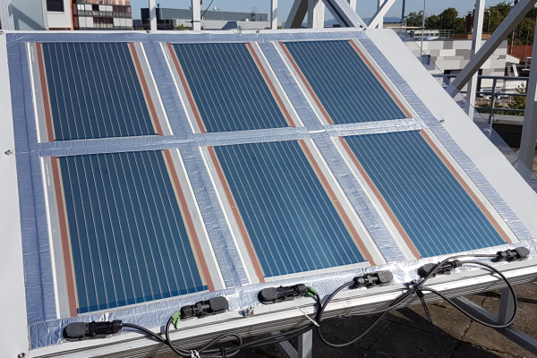 Solar modules made of organic solar cells applied to a demonstrator for testing in the open field.