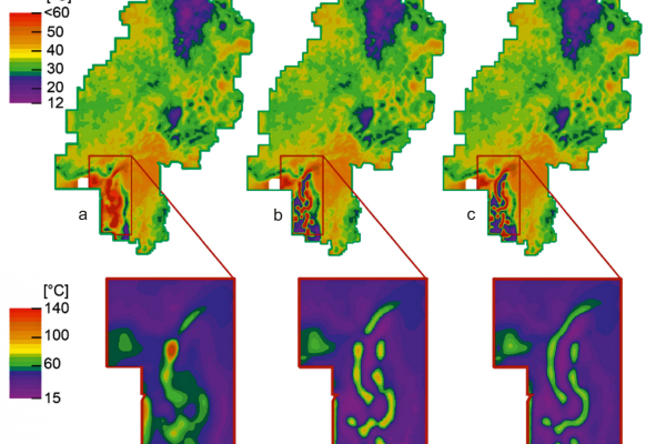 The figure shows maps of the modelled subsurface temperature at a depth of 1 kilometre.