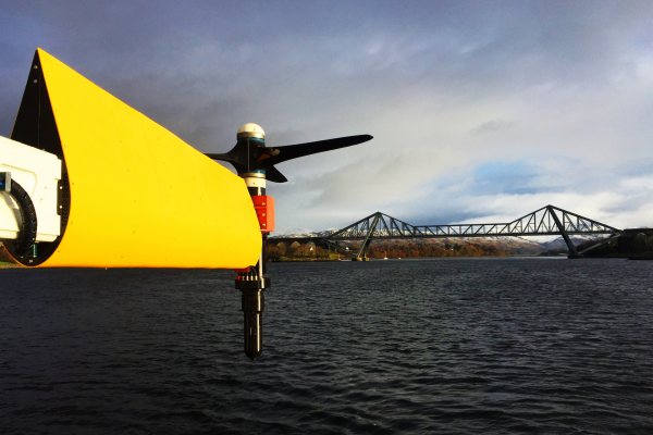 SIT turbine on a floating platform in Scotland (maintenance position).