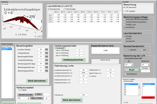 Mit LED Wege und Plätze effizient beleuchten: Zu sehen ist ein Screenshot eines am Fachgebiet Lichttechnik entwickelten Simulationsprogramms, mit dem Lichtstärkeverteilungskurven optimiert werden können